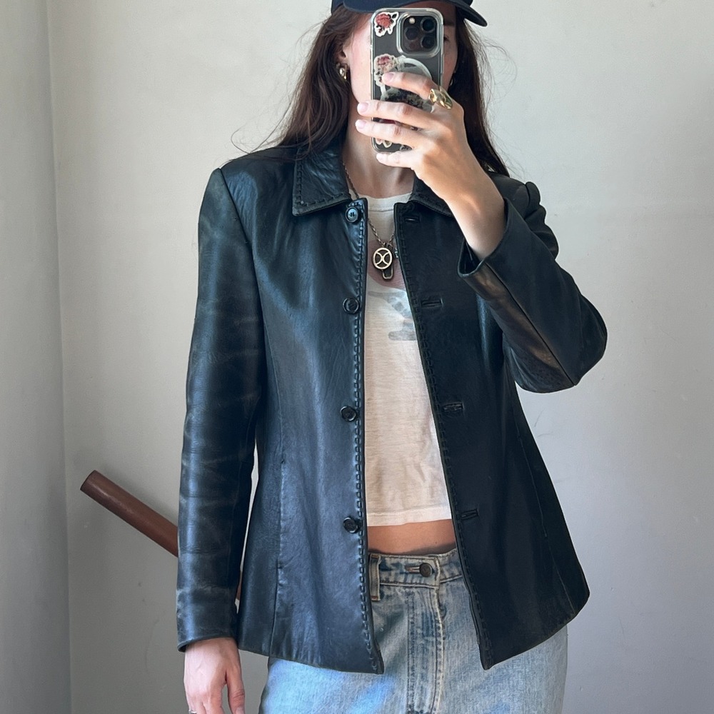 Vintage Black Leather Jacket‎ Medium Western Whipstitch Distressed Faded 90s